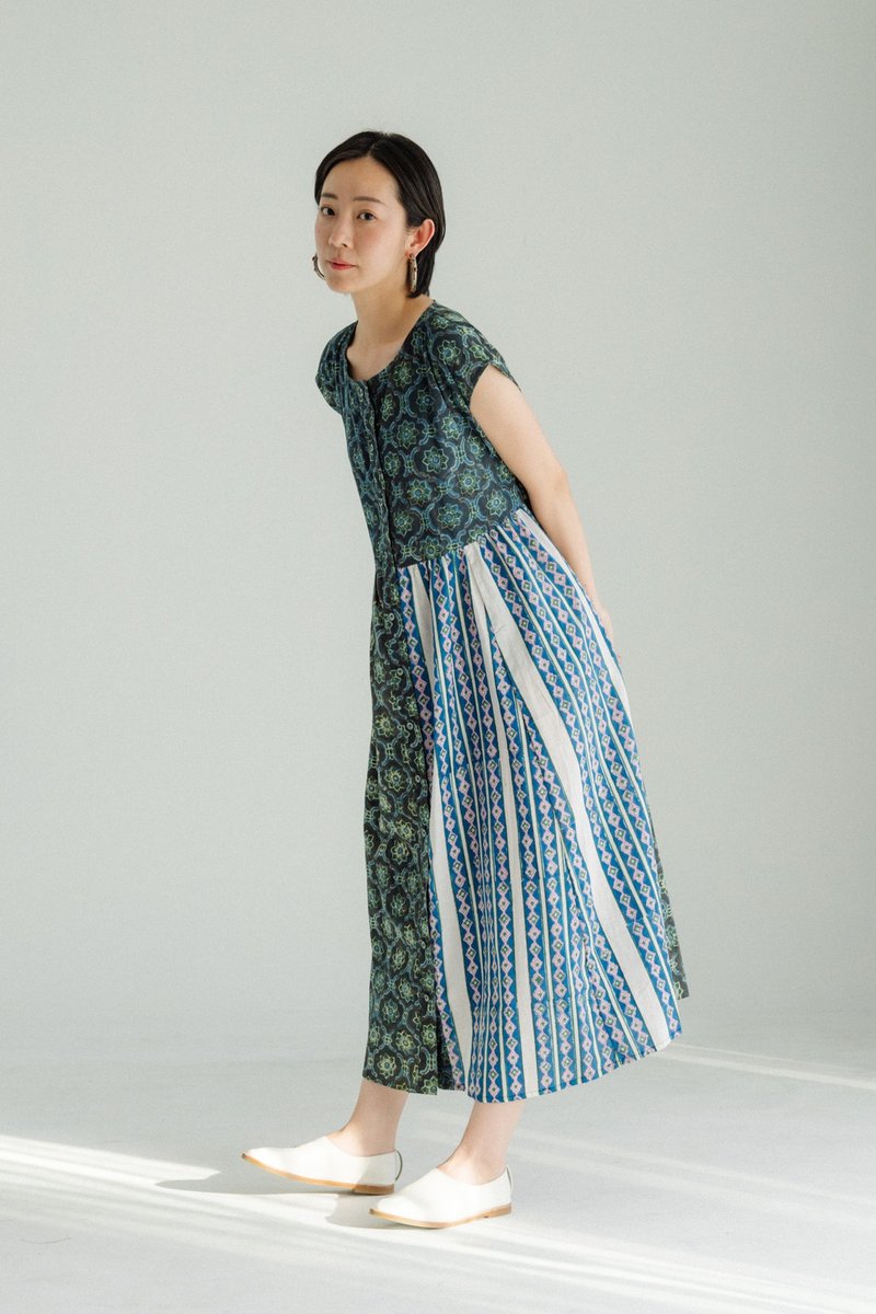 Round neck patchwork buttoned long dress_Zhuanhua - One Piece Dresses - Cotton & Hemp 