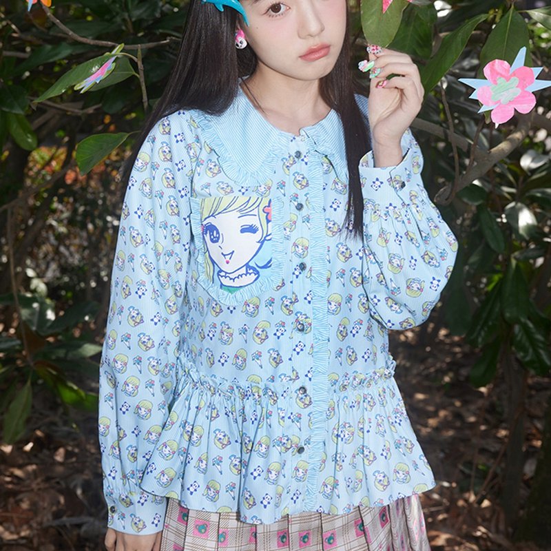 美少女 藍白條紋印花 荷葉邊拼接襯衣 - 女上衣/長袖上衣 - 其他材質 藍色