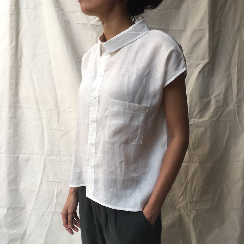 White Linen Shirt - Cap Sleeves with Pocket - 女襯衫 - 亞麻 白色