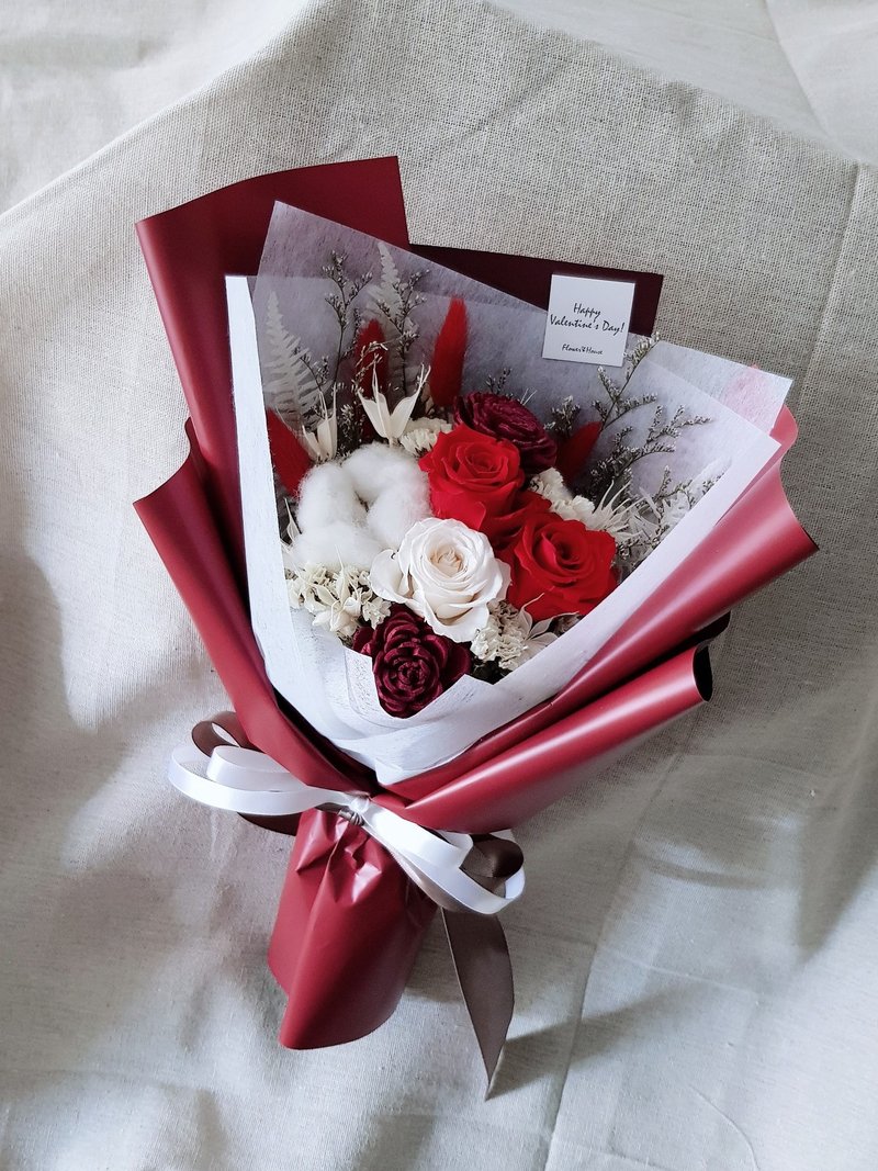 情人節|永生花+乾燥花│紅白玫瑰永生乾燥花花束│不凋花 - 乾燥花/永生花 - 植物．花 紅色