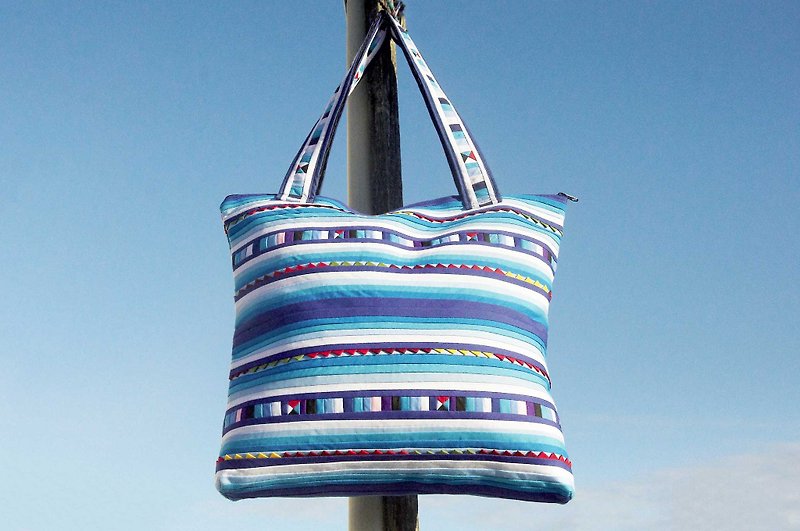 New Year gift ideas gift Valentine's Day gift a limited edition design handmade cotton side backpack / patchwork side backpack / travel side backpack / national wind bag / camera bag - colorful blue sky world horizontal stripes - Messenger Bags & Sling Bags - Cotton & Hemp Blue