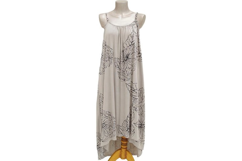 Hand-painted hibiscus pattern print camisole dress asymmetry <gray> - ชุดเดรส - วัสดุอื่นๆ สีเทา