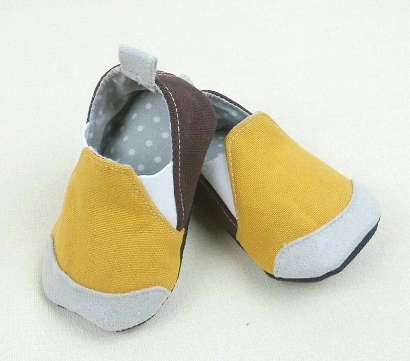 Va手工童鞋系列 芥末黃撞咖啡個性軟硬底鞋 - 童裝鞋 - 棉．麻 多色