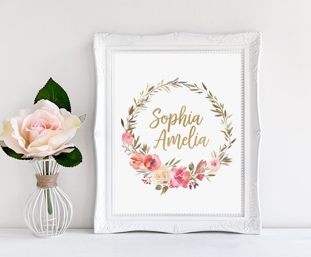 花のゴールドネーム ソフィアアメリア カスタムゴールドネーム パーソナライズされた 保育園の装飾 ショップ Printable Beauty Art ウォールデコ 壁紙 Pinkoi