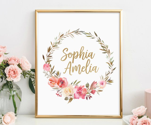 花のゴールドネーム ソフィアアメリア カスタムゴールドネーム パーソナライズされた 保育園の装飾 ショップ Printable Beauty Art ウォールデコ 壁紙 Pinkoi