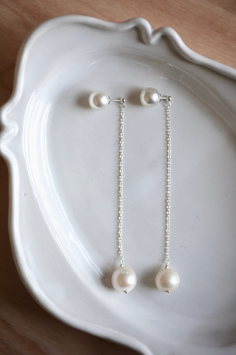 雲音珍珠純銀垂墜耳環 - 耳環/耳夾/耳骨夾 - 半寶石 白色