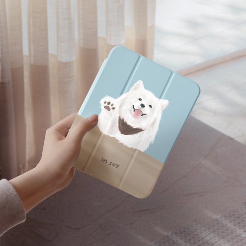 INJOY mall iPad 12.9/Air5/iPad 9/mini 6笑臉天使薩摩耶犬附筆槽平板保護套