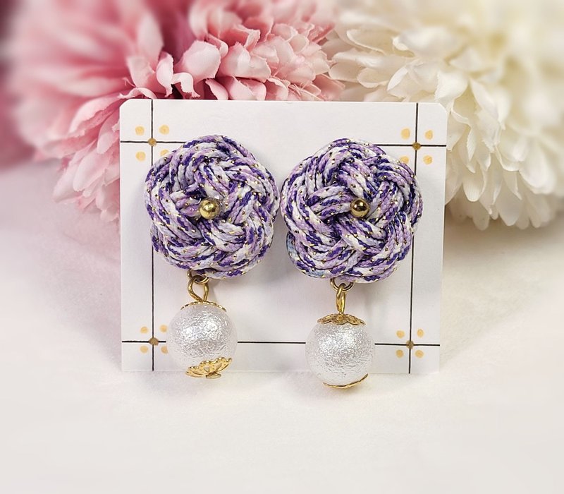 Japanese style floral knot art cotton pearl lucky earrings/ Clip-On - ต่างหู - เรซิน สีม่วง