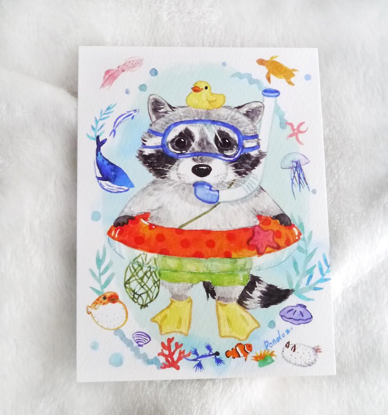Hand-painted creative postcard-diving little raccoon - การ์ด/โปสการ์ด - กระดาษ หลากหลายสี