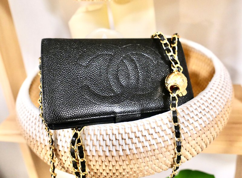 Vintage Chanel Caviar Leather Wallet - free bag strap to convert to WOC - Wallets - Genuine Leather Black