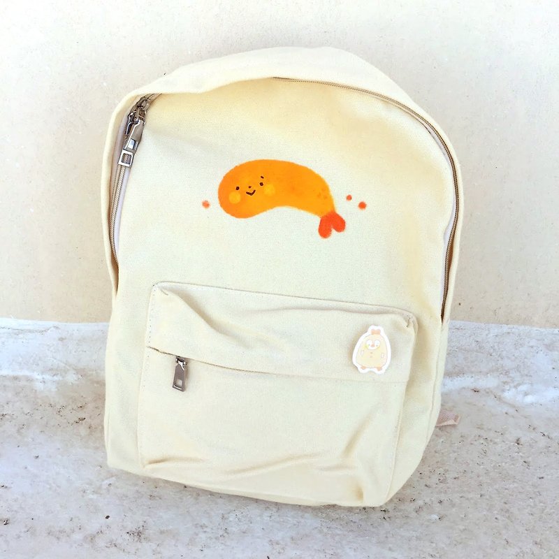 Fried shrimp fried shrimp / hand-painted big back backpack - กระเป๋าเป้สะพายหลัง - ผ้าฝ้าย/ผ้าลินิน ขาว