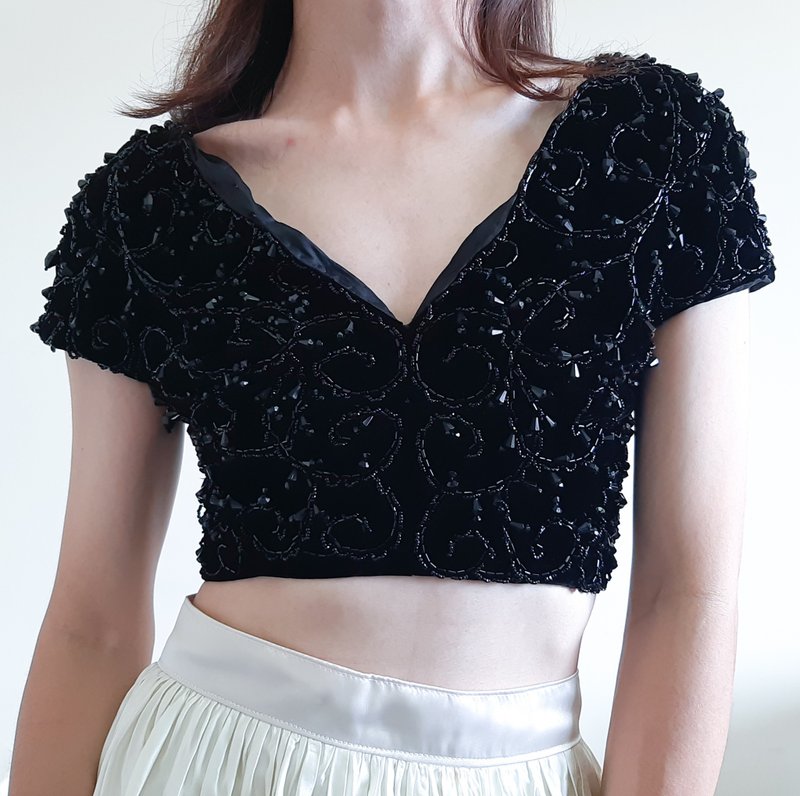 小號 - 復古黑色亮片天鵝絨短上衣 手工刺繡珠子亮片上衣 - 女上衣/長袖上衣 - 聚酯纖維 黑色