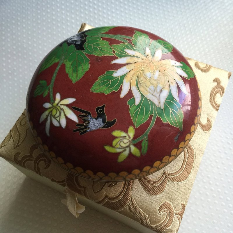 Early Collection - Cloisonne Cloisonné Enamel Red Ground Flower and Bird Powder Box Jewelry Box 0031 - Other - Enamel 