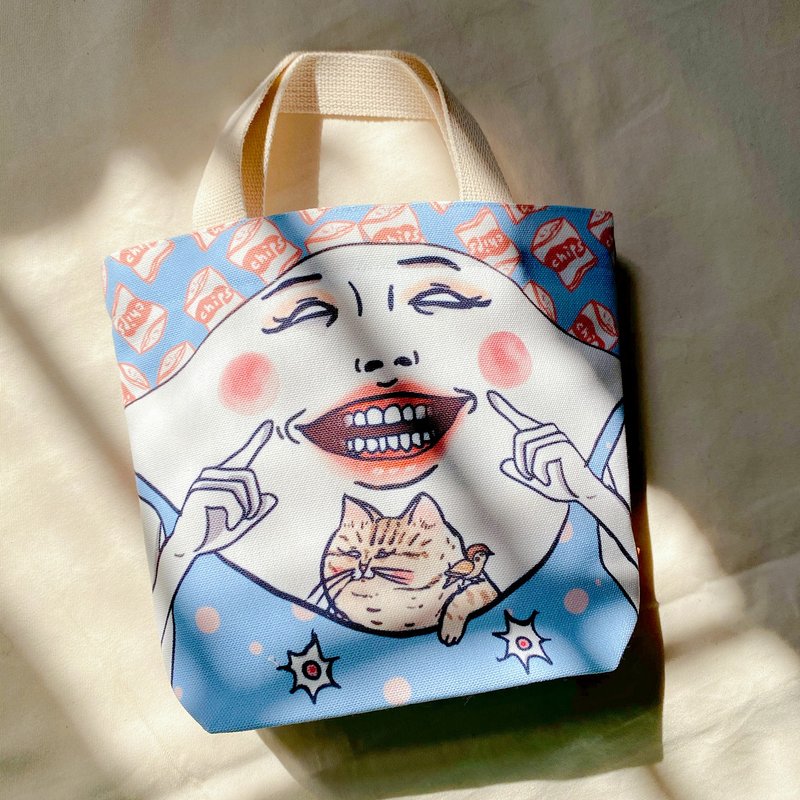 Smiling Eggheads / Mini tote bag - กระเป๋าถือ - เส้นใยสังเคราะห์ สีน้ำเงิน