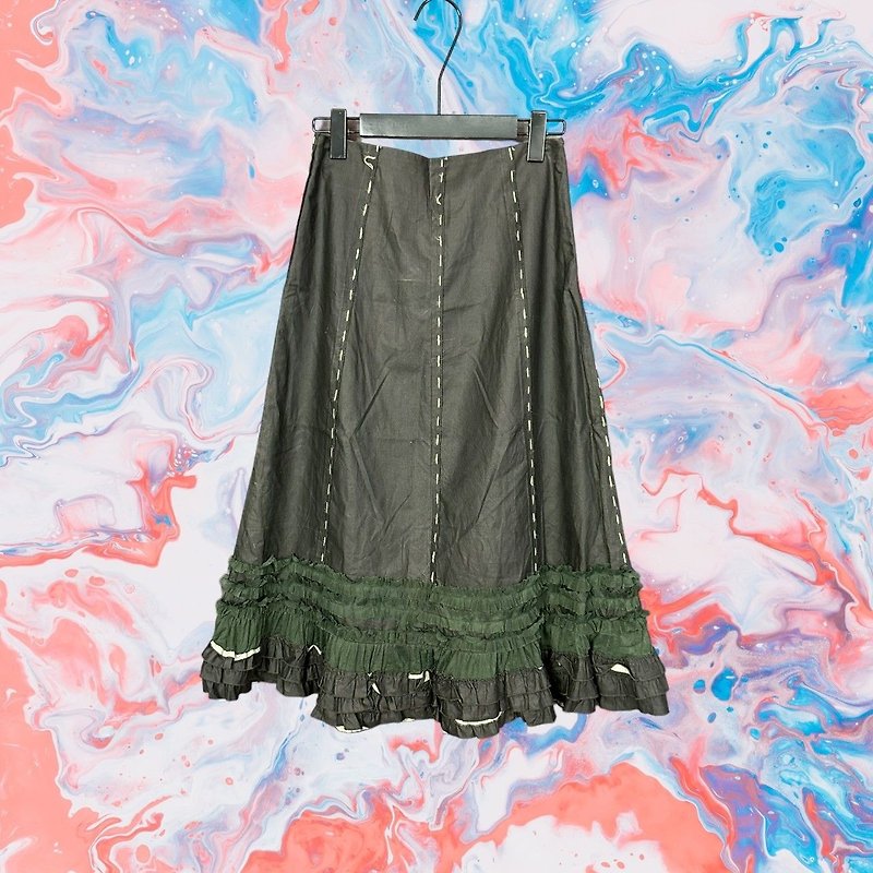 Second-hand MOMA gray Linen tulle stitching A-line high waist 27 long skirt G318 - กระโปรง - เส้นใยสังเคราะห์ สีดำ