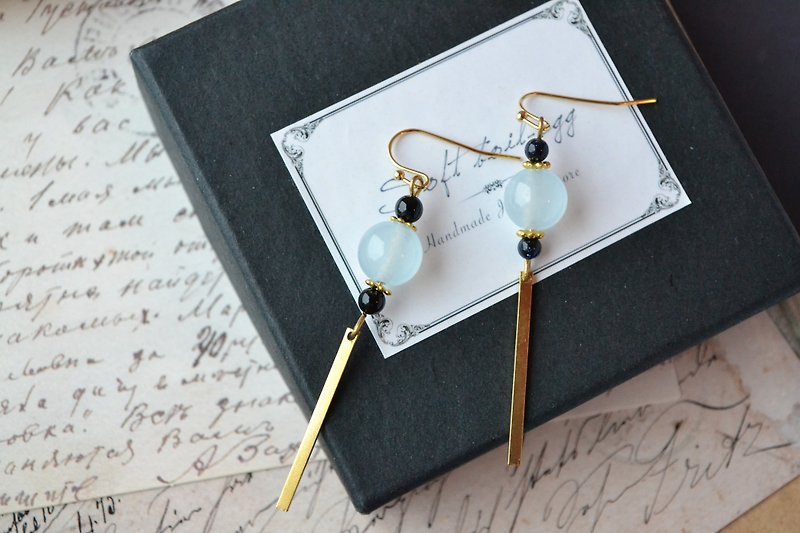 Aquamarine with Goldstone 24k GP dangle earrings 【softboil_egg】 - Earrings & Clip-ons - Gemstone Blue