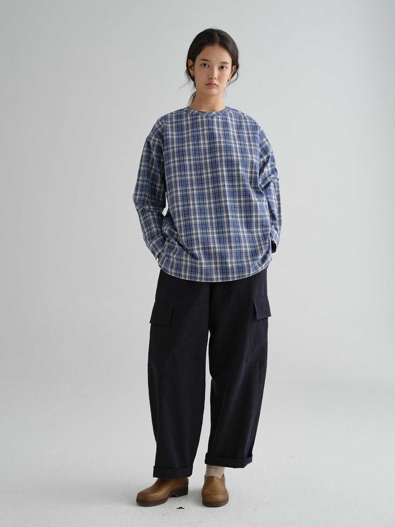 高密全棉色織藍白格圓領套頭襯衫 - 女裝上衣 - 棉．麻 黑色