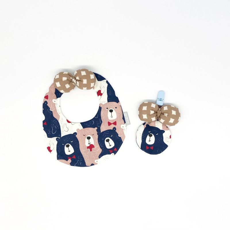 【小熊比比】熊熊六重紗蝴蝶結圍兜 平安符袋 - 圍兜/口水巾 - 棉．麻 藍色