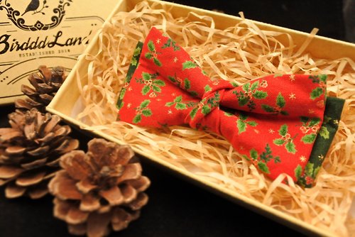 BirdddLand 原創手工復古聖誕紅色領結 聖誕冬青 禮物 日本進口燙金布料