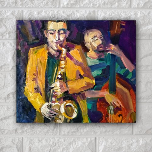 オリジナル油絵ジャズバンド音楽絵画ジャズアート音楽壁アート