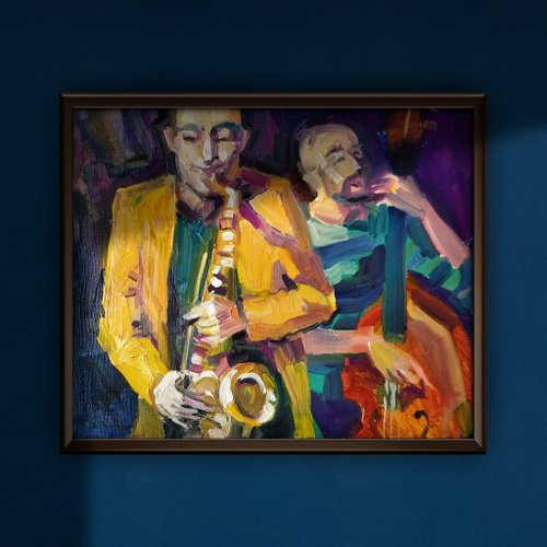 絵画 油絵 　シャバス オリジナル油絵ジャズバンド音楽絵画ジャズアート音楽壁アート