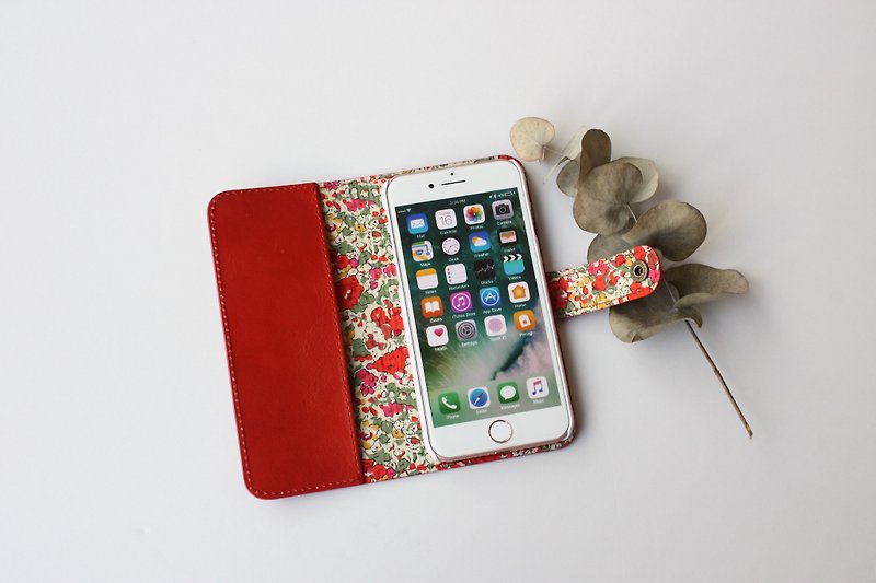Genuine cow leather and Liberty print iphone6 / 7 case red - เคส/ซองมือถือ - หนังแท้ สีแดง