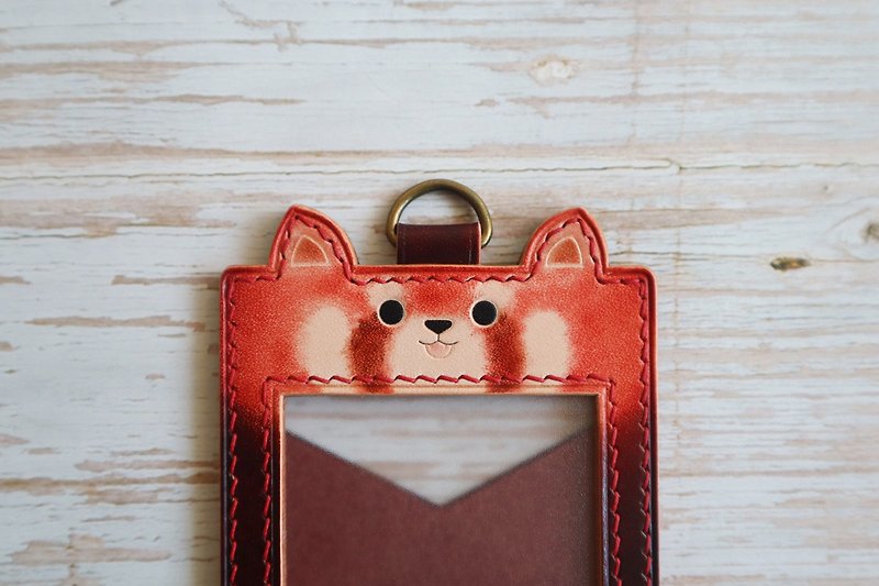 Red Panda Leather ID Holder/Identification Card Holder with Lanyard and Telescopic Accessories - ID & Badge Holders - Genuine Leather Red