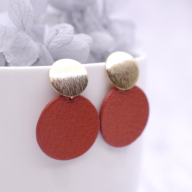 Pieces_Orange leather earrings [Stainless Steel earrings with real gold plating. Can be changed to clip-on] - Earrings & Clip-ons - Genuine Leather Orange