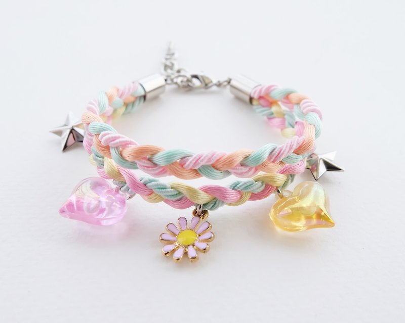 Pink daisy charm double layers braided bracelet - 手鍊/手鐲 - 其他材質 多色