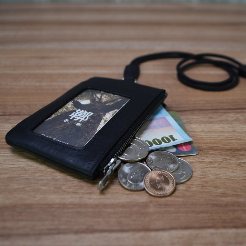 ID holder/identification holder/change ID holder/zippered coin purse/with lanyard Italian association vegetable tanned leather - ID & Badge Holders - Genuine Leather Black