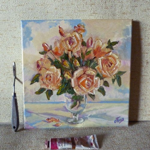 油絵　バラ　花 黄色いバラのキャンバス油絵 - オリジナル アート - 花の絵