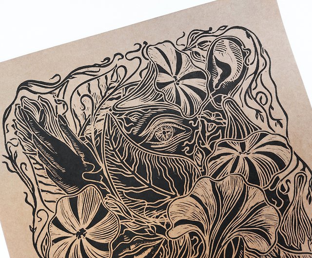 Wonder Original Linocut Block Print Nature Print Nature Girl 