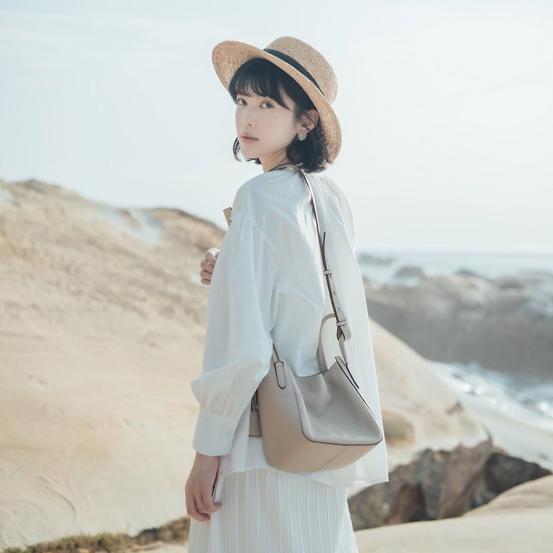 【SALE】Eloise Leather Satchel Bag - Light Grey - Handbags & Totes - Genuine Leather Gray
