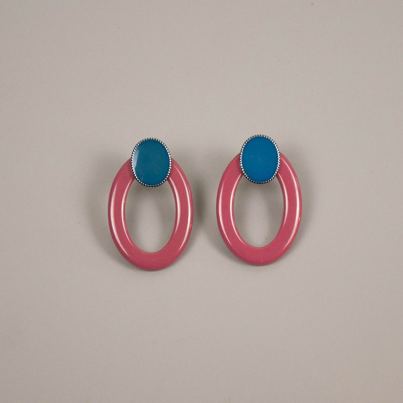 藍粉橢圓耳環 - 耳環/耳夾 - 壓克力 粉紅色