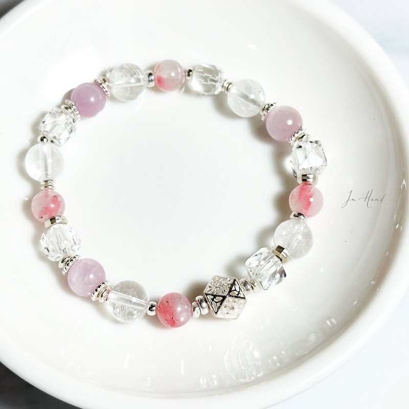 微雨海棠—紫鋰輝.薔薇石.白水晶-純銀設計款手鍊 - 手鍊/手環 - 水晶 粉紅色