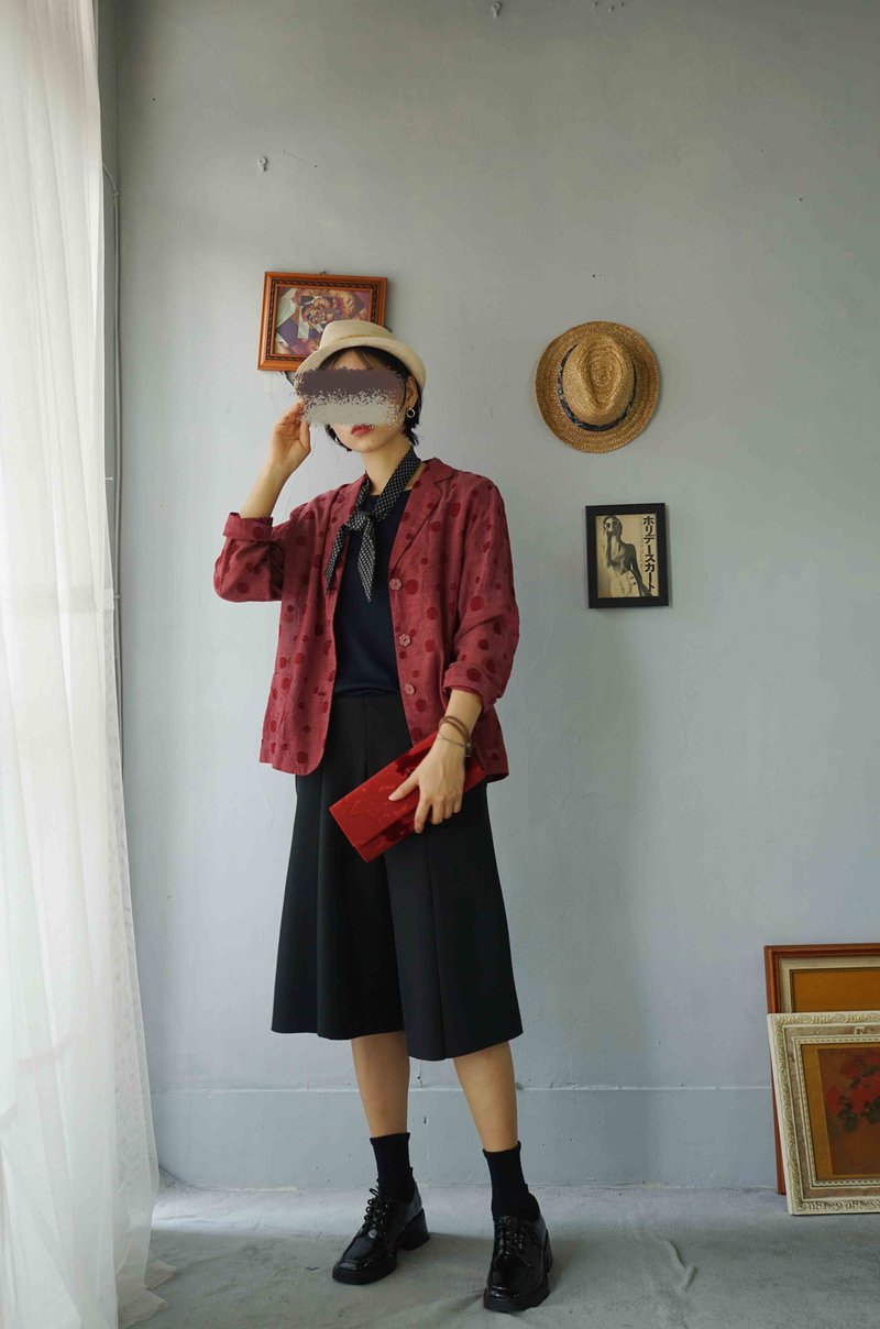 Treasure Hunt Vintage - Dark Red Dot Jacquard Vintage Cotton Blazer - เสื้อสูท/เสื้อคลุมยาว - ผ้าฝ้าย/ผ้าลินิน สีแดง