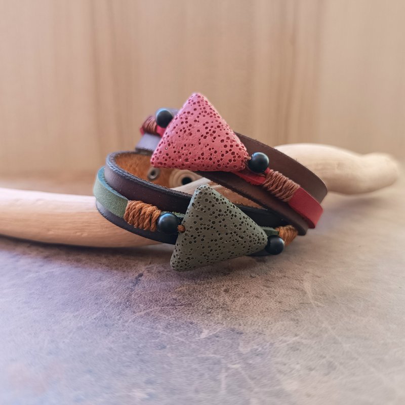 Aromatherapy Bracelet, Handmade Volcanic Lava Fragrance Leather Wristbands - 手鍊/手環 - 真皮 咖啡色