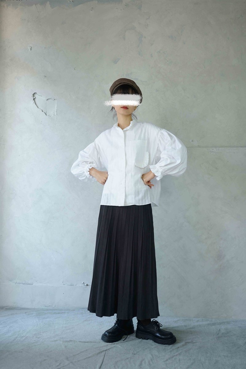 棉．麻 女襯衫 白色 - 手作-春日純白織紋花邊領傘版澎袖束口襯衫