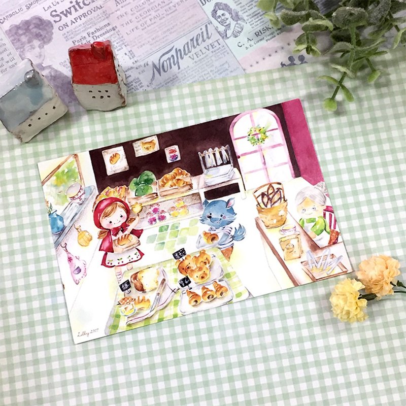 水彩明信片/心意卡【小紅帽的麵包店】 - 卡片/明信片 - 紙 紅色