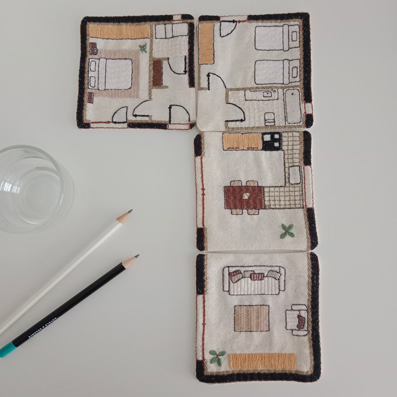 House plan coaster set4 PCS hand embroidered cotton fabric - 杯墊 - 棉．麻 白色