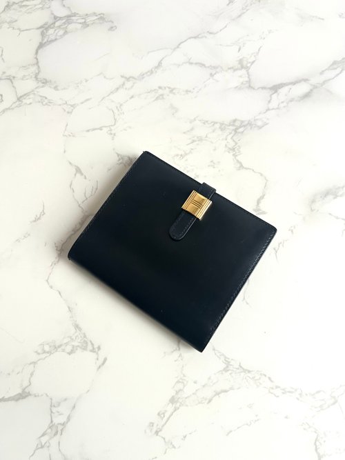 LA LUNE Vintage 日本鑑證古董品選物店 中古二手Hermes Saumur Diane復古黑色金扣皮革古董短夾錢包卡包