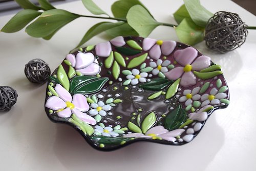 VitrasoleGlass Fused glass plate with forget-me-nots - Dessert plates with flowers