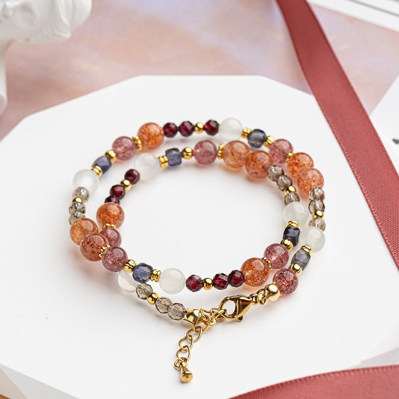 Stone-Cordierite - Strawberry Crystal│Brass Double Circle Bracelet - สร้อยข้อมือ - คริสตัล สีส้ม