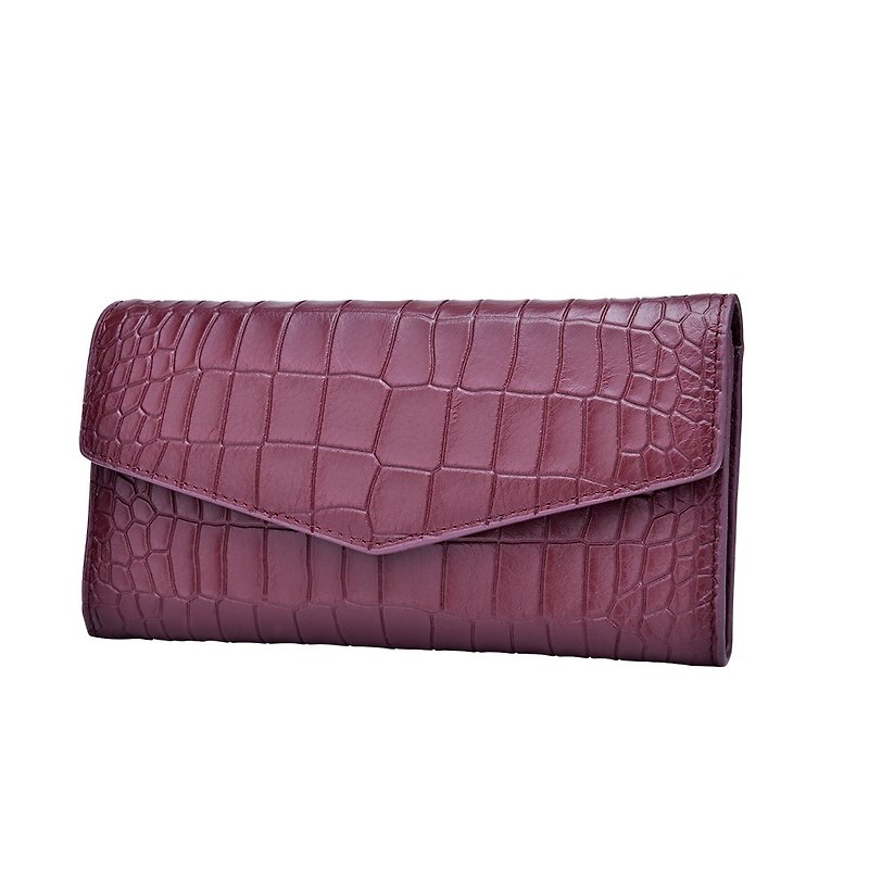 Leather Crocodile Wallet Long Wine Red - Clutch Bags - Genuine Leather Red