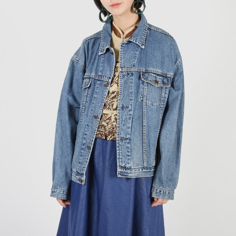 [Egg plant ancient] good loose classic vintage denim jacket - เสื้อแจ็คเก็ต - ผ้าฝ้าย/ผ้าลินิน สีน้ำเงิน