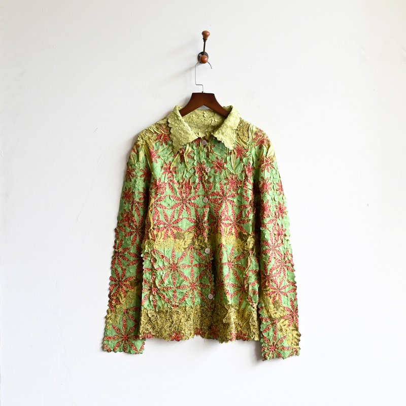 【蛋植物古著】日本製絲質印花壓褶古著襯衫 - 女襯衫 - 絲．絹 綠色
