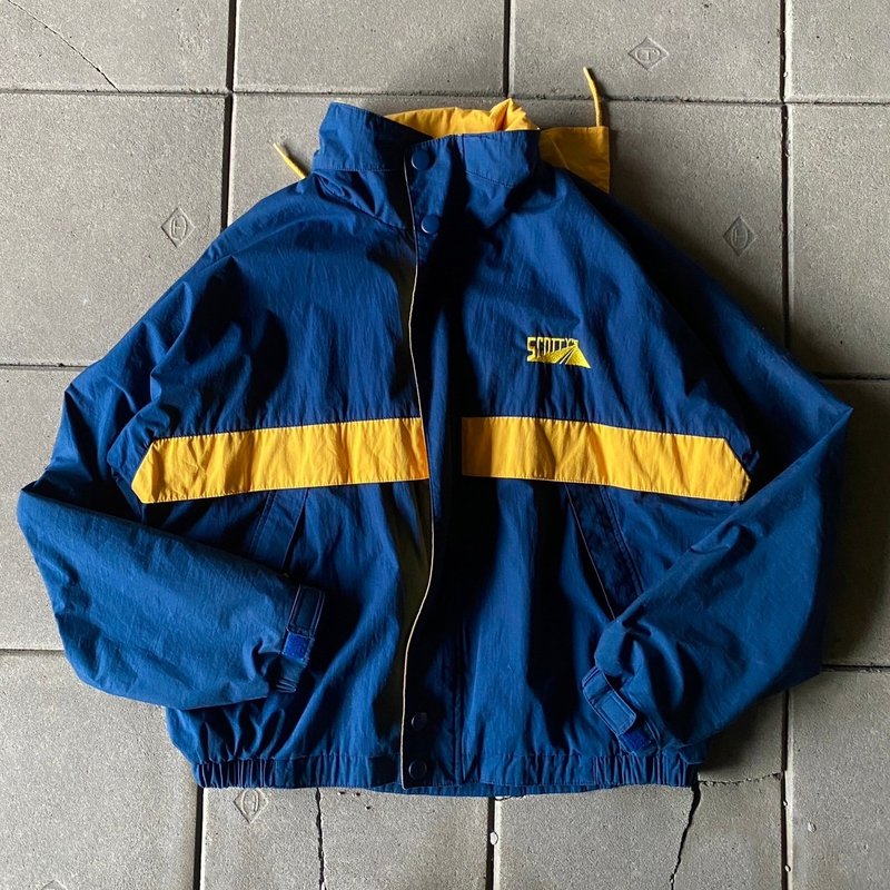 --Guangshi Vintage--Yellow and blue jump-color stitching windproof jacket and hat can be stored - Women's Shirts - Other Materials Blue