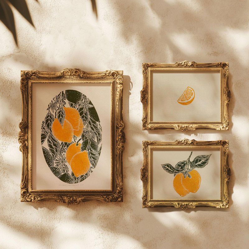 Gallery wall set of 3 Vintage lemons and slice fruits linocut print Dining room - 壁貼/牆壁裝飾 - 紙 綠色