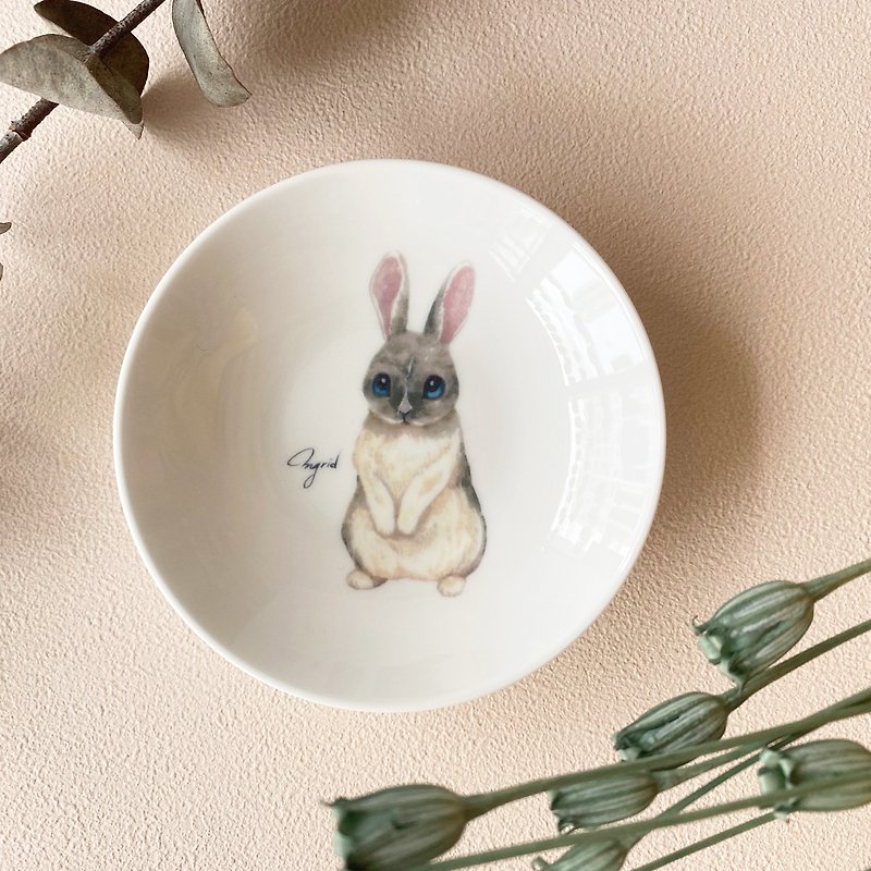 Collaborating illustration artist-English blue cat and rabbit’s zakka party - Small Plates & Saucers - Porcelain Multicolor