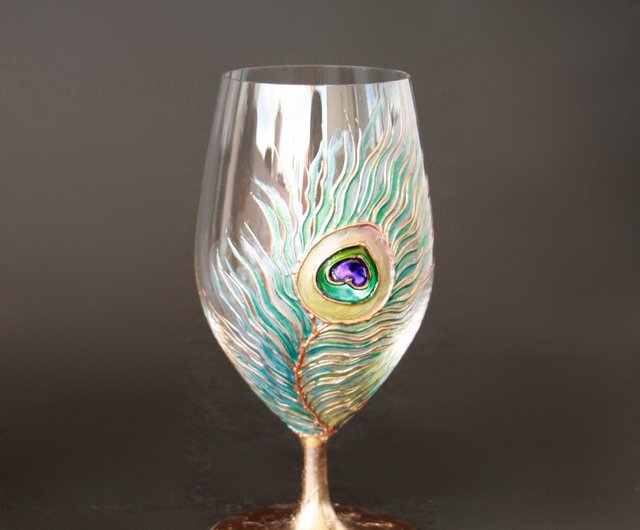 Wine Glasses Peacock Feather Hand-painted set of 2 - Shop NeA Glass Bar  Glasses & Drinkware - Pinkoi